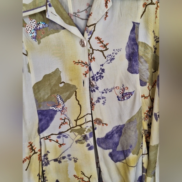 Key Lime Pie Blouse SzL Tencel/Cotton Lavender/Yellow Long Sleeves Button Front - Picture 2 of 13